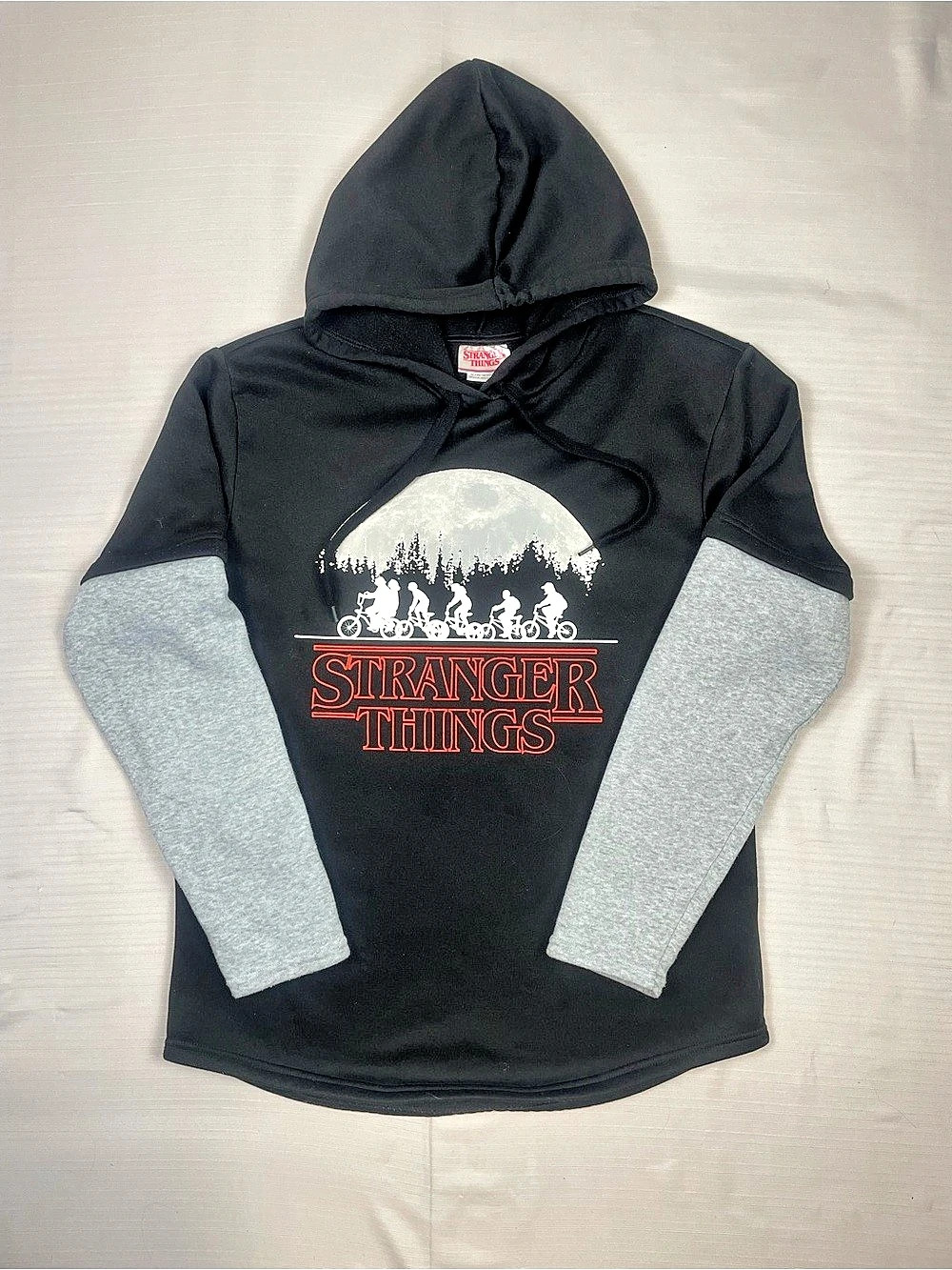 Official Stranger Things Color Block Graphic Hoodie in Black & Gray Like New